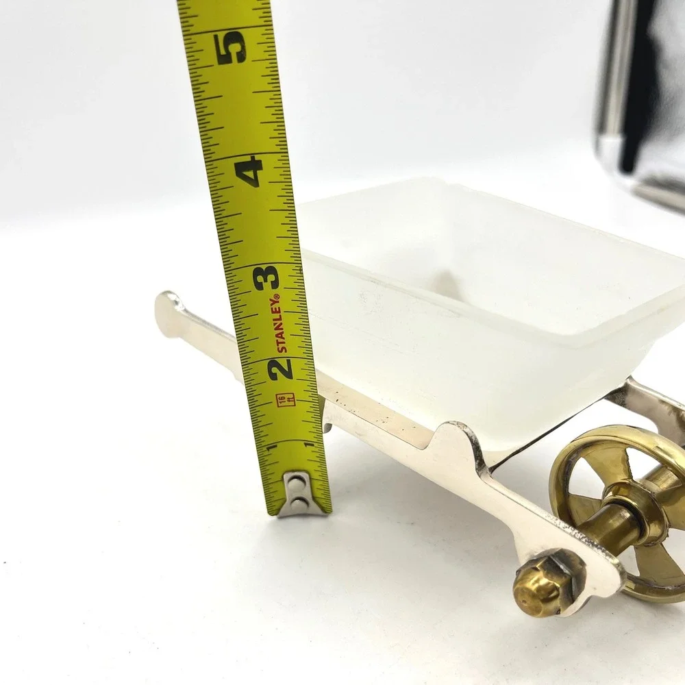 Vintage Frosted Glass & Mixed Metal Miniature Wheelbarrow Trinket Dish Decor‎